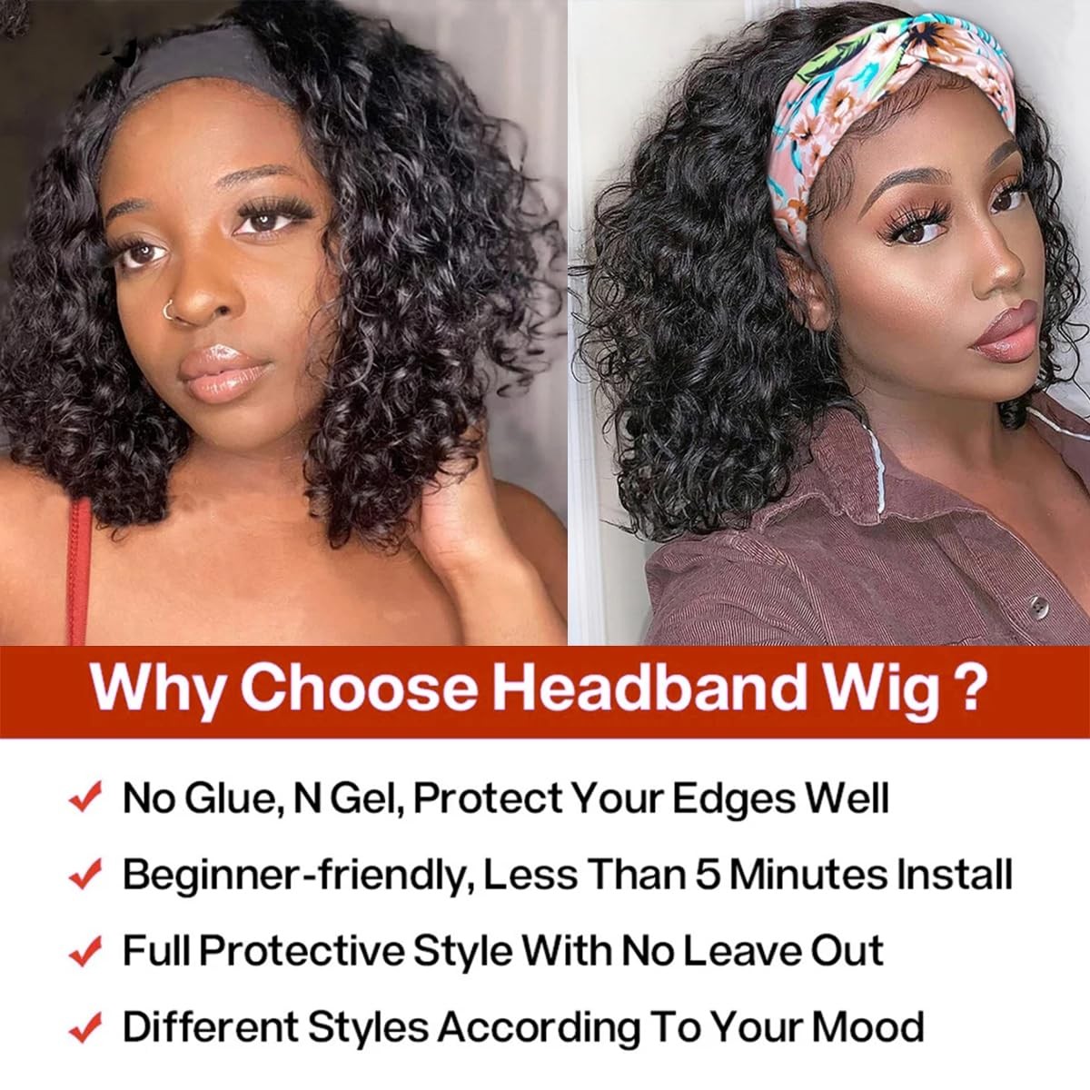 12”Water Wave Headband Human Hair 150% Density Afro Wigs for Black Natural C…