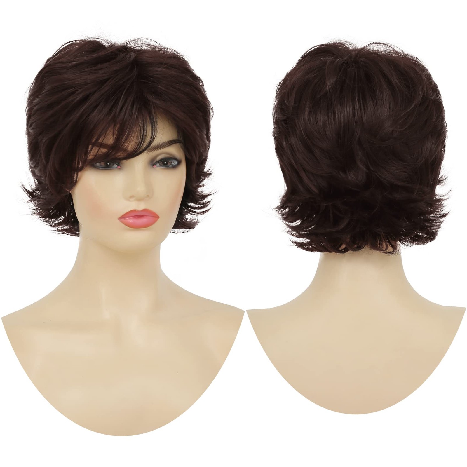 Sallcks Short Layered Wig For Women Brown Natural Fluffy Synthetic Hair