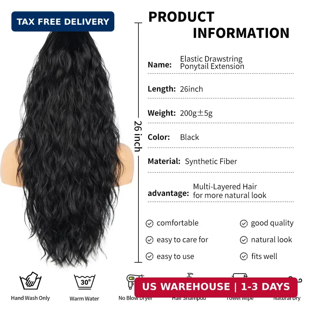 26 inch Black Ponytail Extension, Drawstring Ponytail for Women, Long Wavy Pony