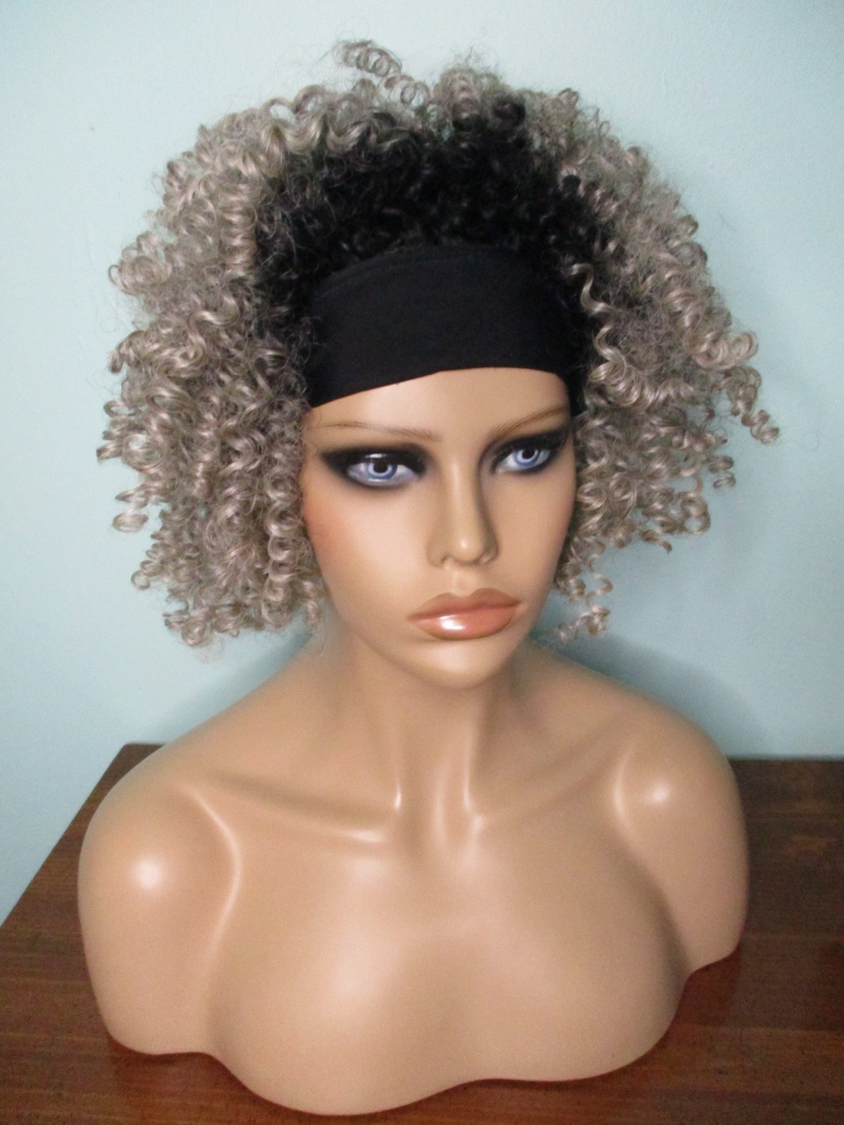 4″ – 10″ gray with black roots KINKY spiral curl HEADBAND WIG by BOBBI BOSS