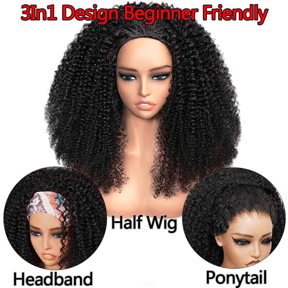 200 Density Kinky Curly Half Wig – 3 in 1 Glueless Flip Over Wig, 20 Inch, Draws