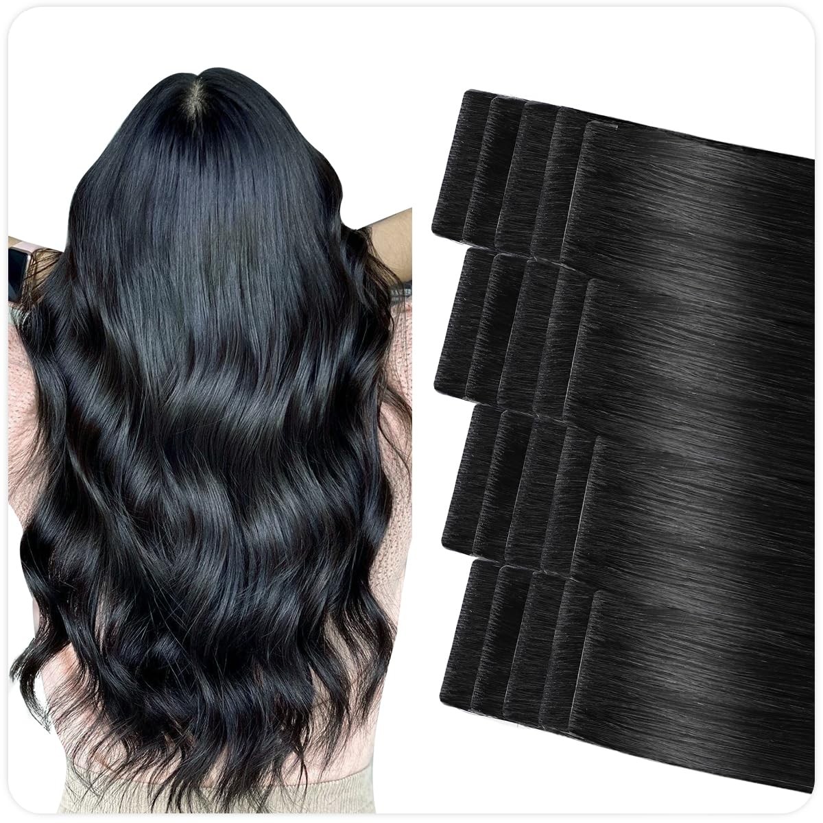 Invisible Tape in Hair Extensions Human Hair Jet Black Seamless Injected Hand…