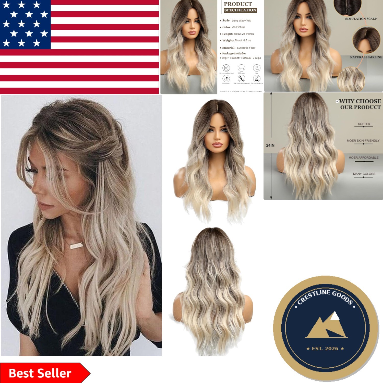 Elegant Long Ombre Wig for Women – 24-Inch Brown to Blonde Heat Resistant Style