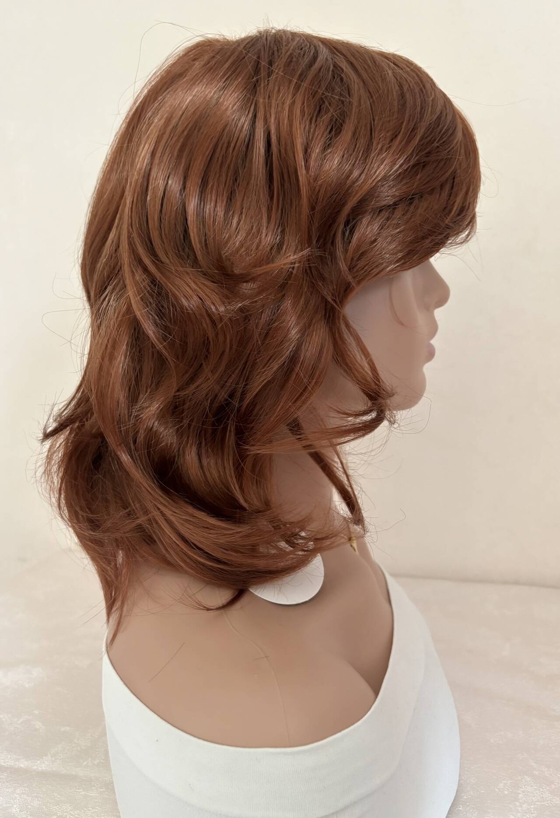 Mid Length Shag Capless Wavy Layered Synthetic Hair Wigs Women Natural Auburn
