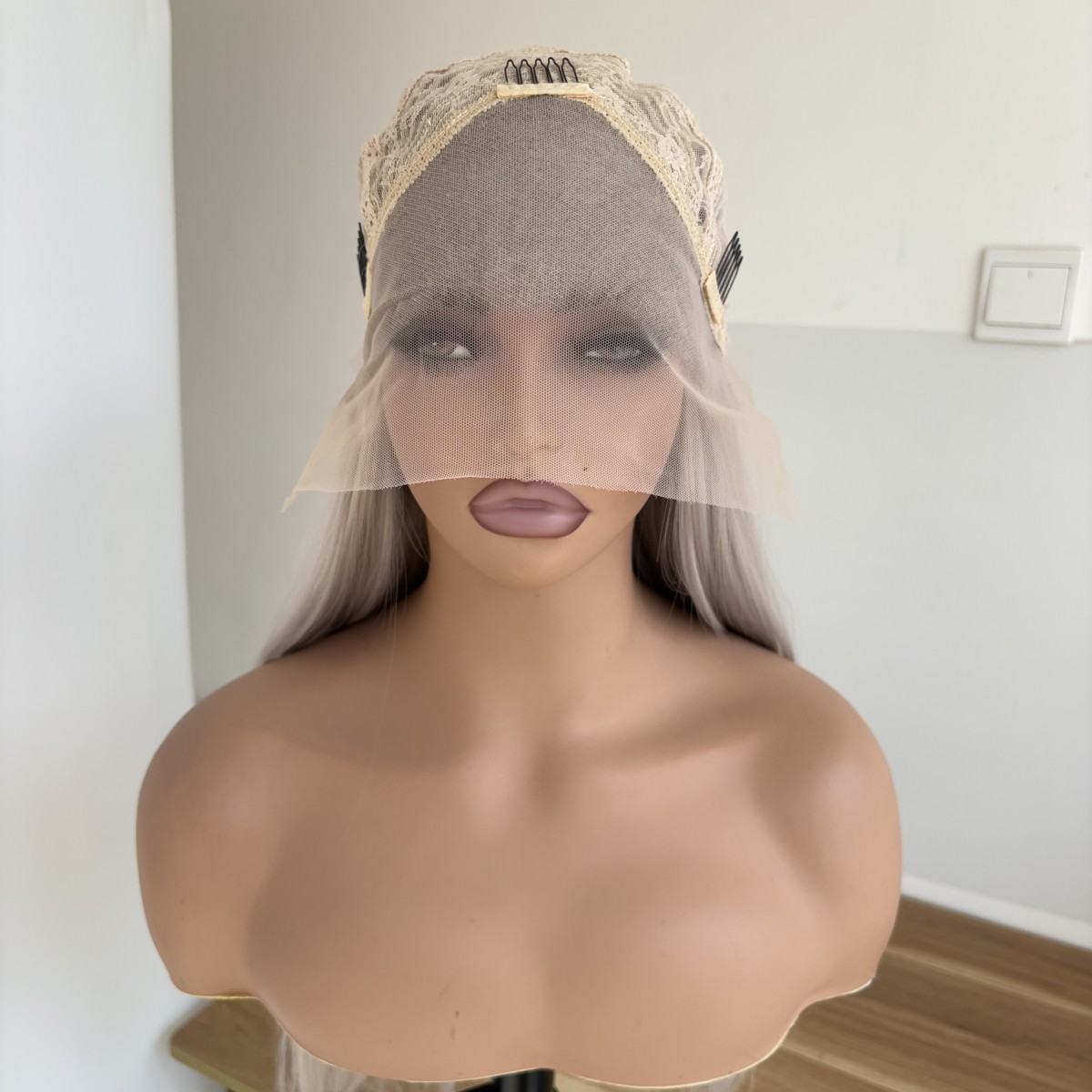 Silver gray Heat Resistant Synthetic Hair Lace Frontal Wig Long Straight