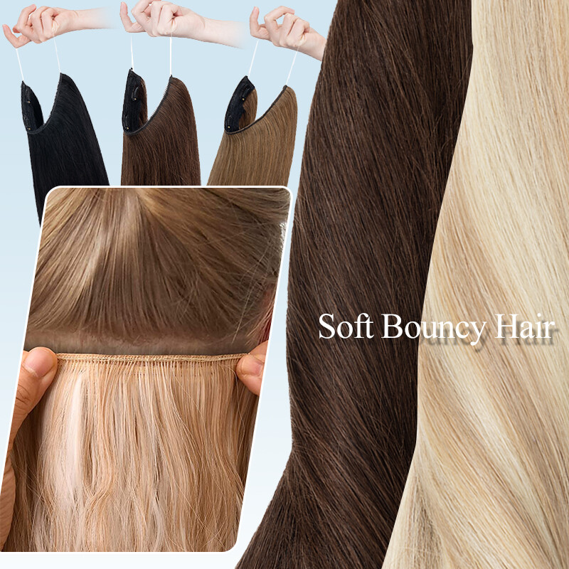 Invisible Ring Clip in Wire Fish Line Weft Remy Human Hair Extensions Hairpiece