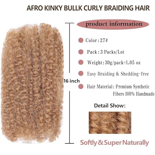 Afro Kinky Curly Braiding Bulk Hair For Mini 16 Inch (Pack of 3) Honey Blonde#