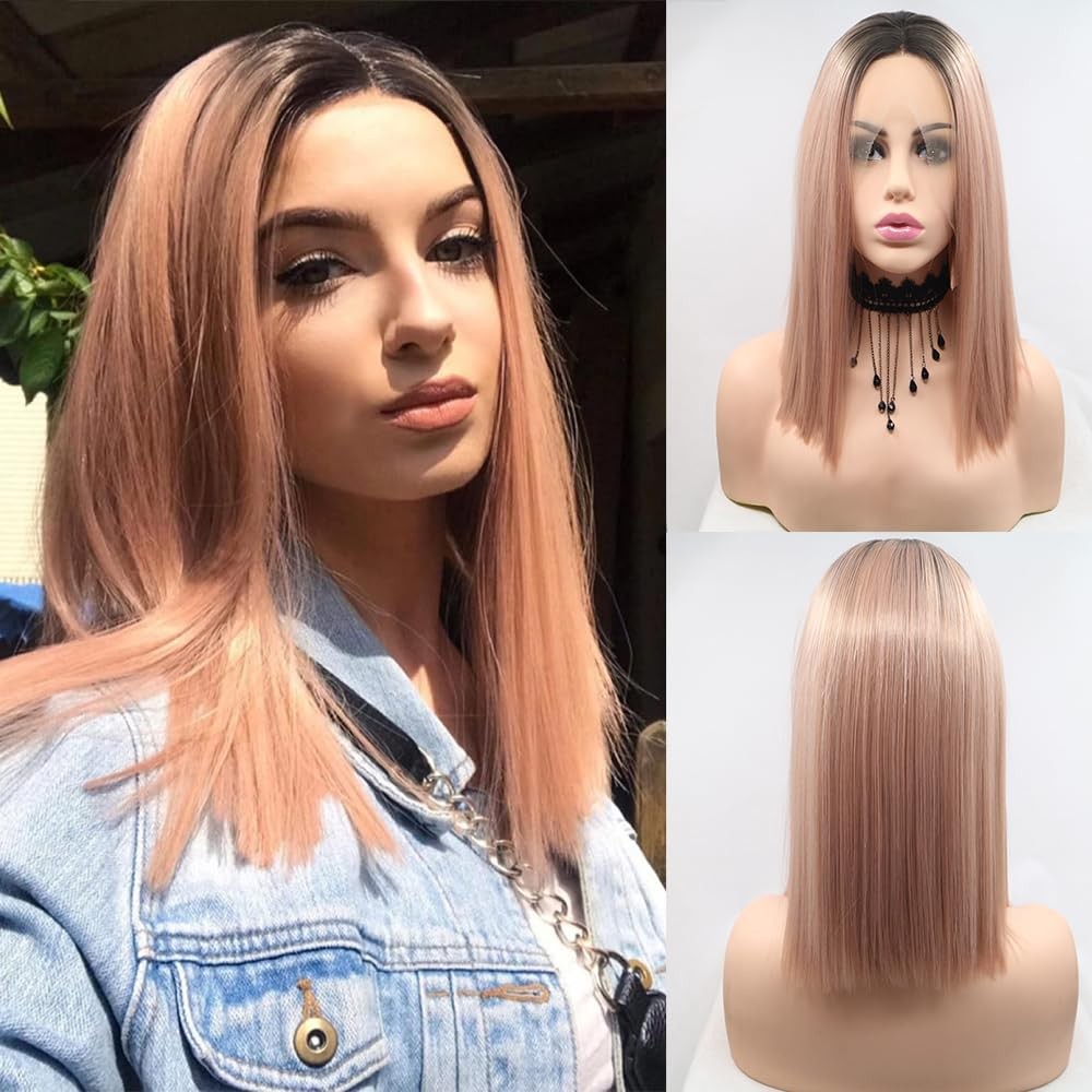 xiweiya Ombre Pink Lace Front Wig Rose Gold Wig Short Straight Peach 13×4 Lac…