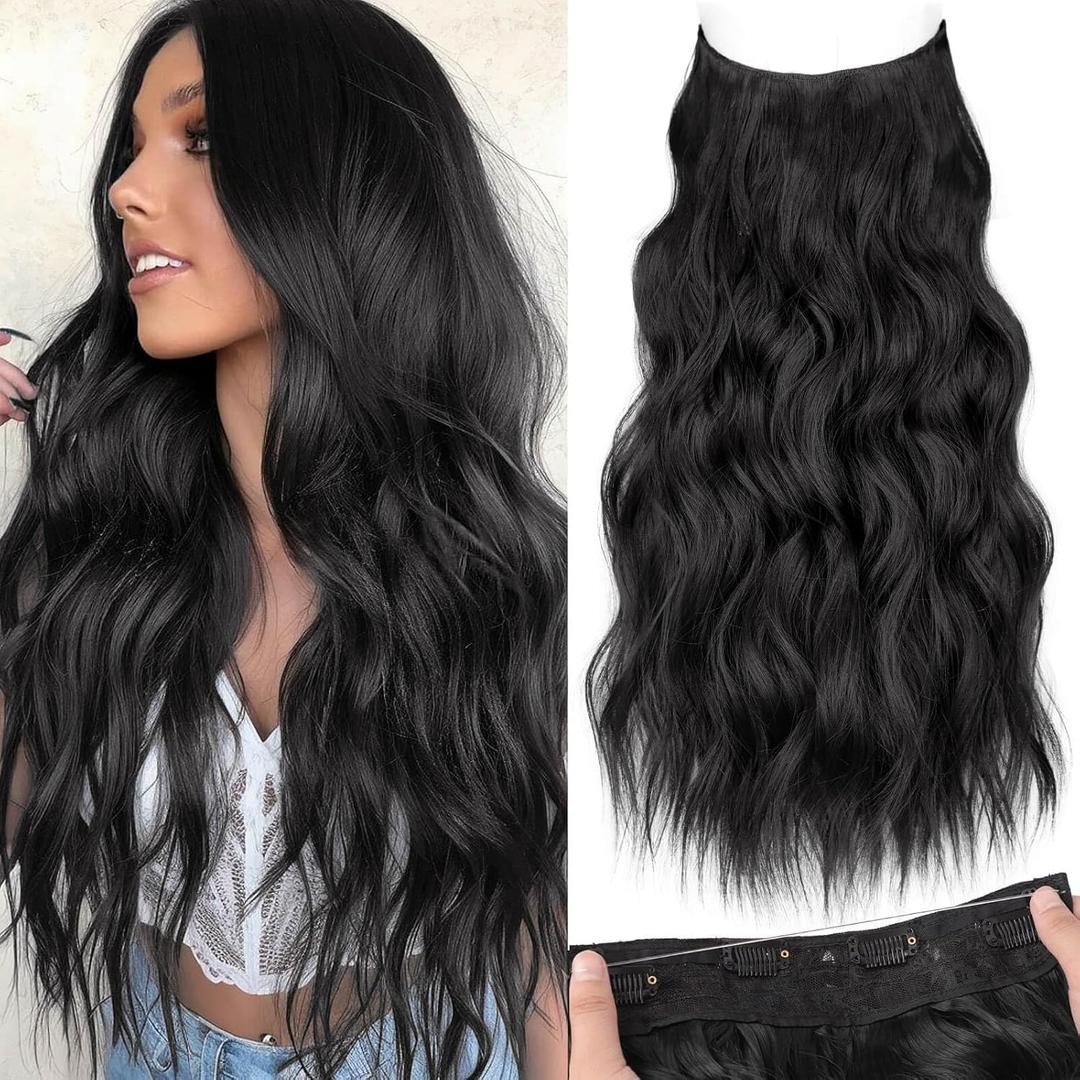 Invisible Wire Hair Extensions 20” Long Wavy Black Headband Clip-In Adjustable