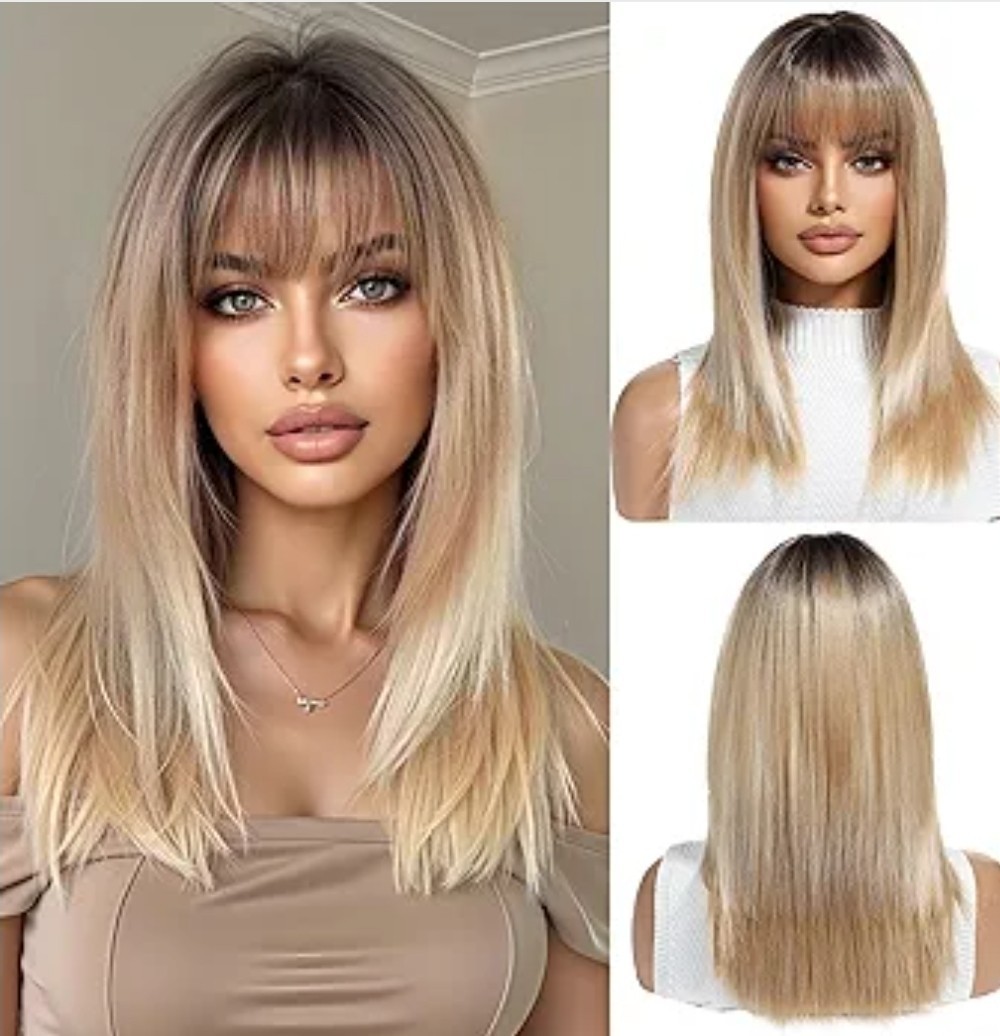 Blonde Wig – Human Hair Blend Short Straight Layers Bangs