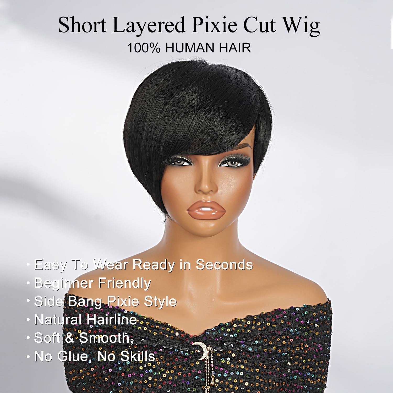Short Pixie Cut Wig Human Hair Natural Black Glueless Full Machine Made 6 Inch
