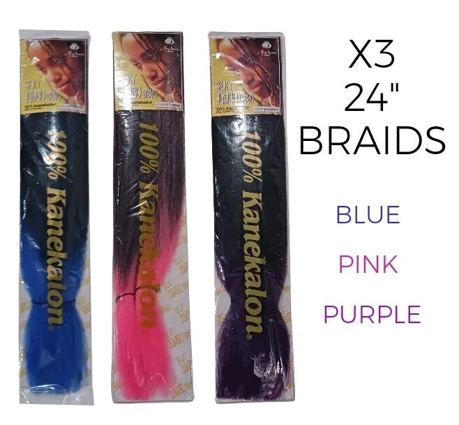 x3 Ombre Kanekalon Jumbo Braiding Hair Extension 24″ Synthetic Blue Pink Purple