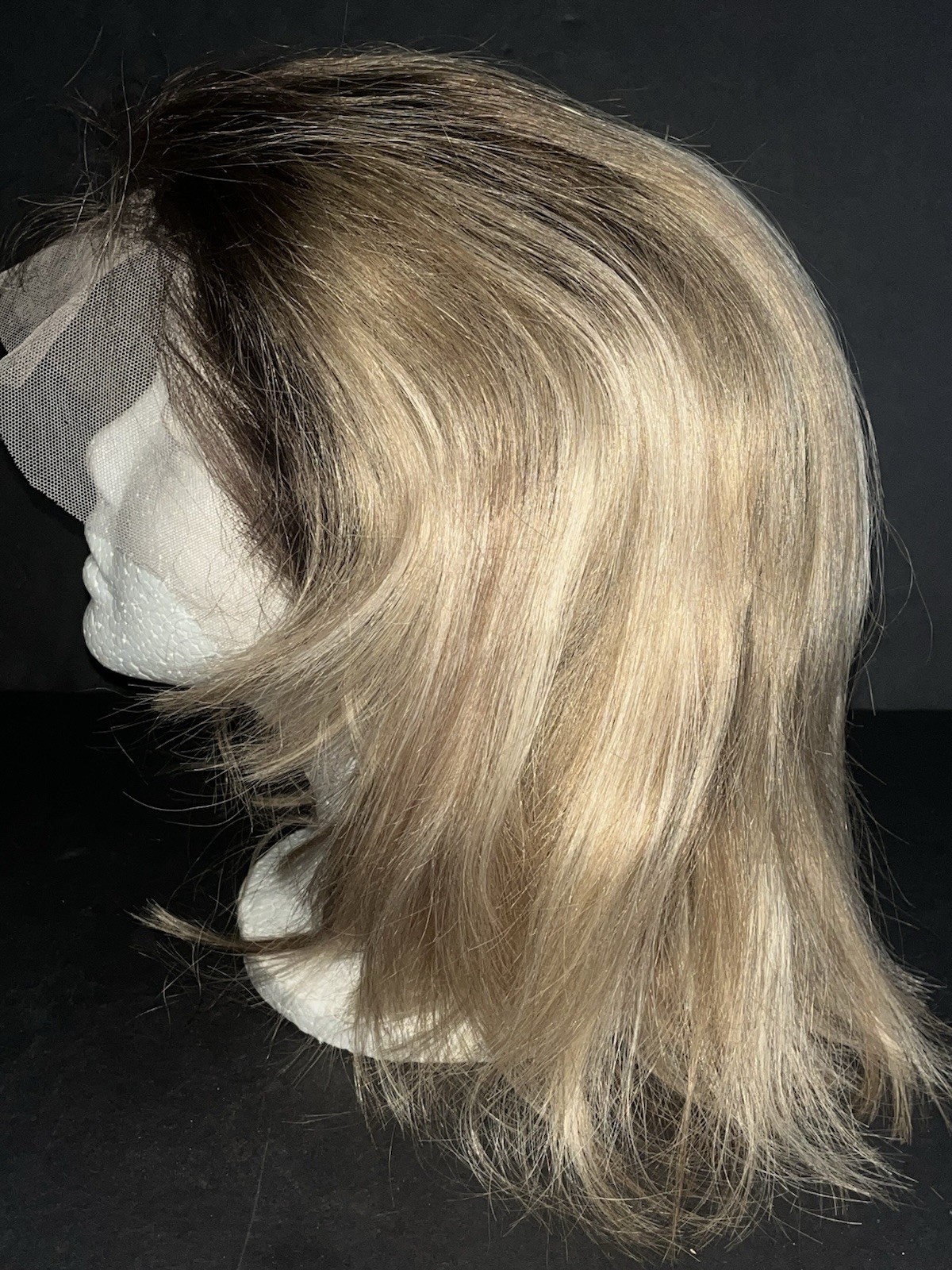 NEW Full Shine Human Hair Lace Wig Blond Rooted Medium Length 14 Inch