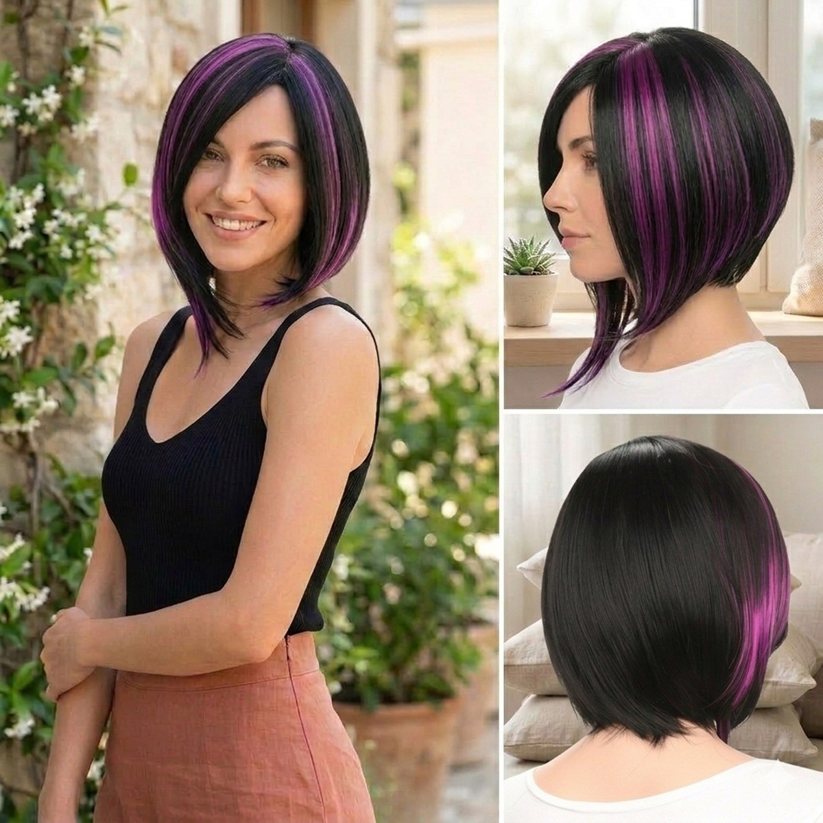 Women’s Black Purple Mix Short Straight Bob Wigs Side Bangs Synthetic Party Wig