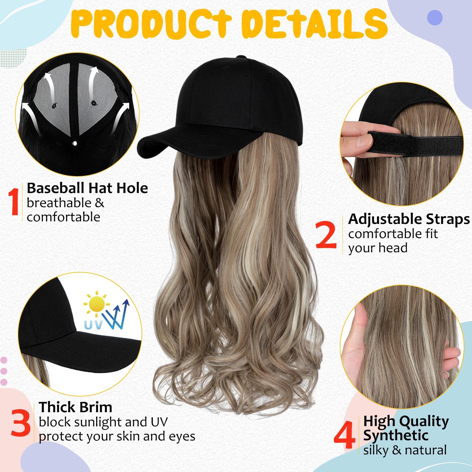 Baseball Hat ,Hat with Hair attached 24” Adjustable Black Cap with Long Wavy…