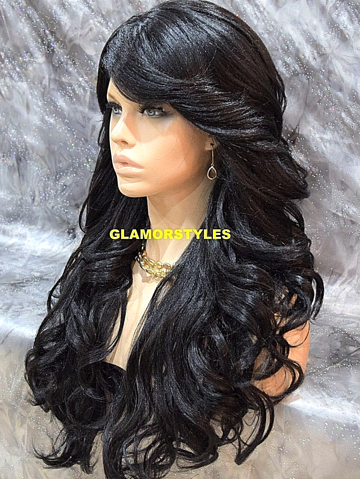 FULL WIG LONG WAVY LAYERED SIDE BANGS SKIN SIDE PART OFF BLACK #1B HEAT OK NWT