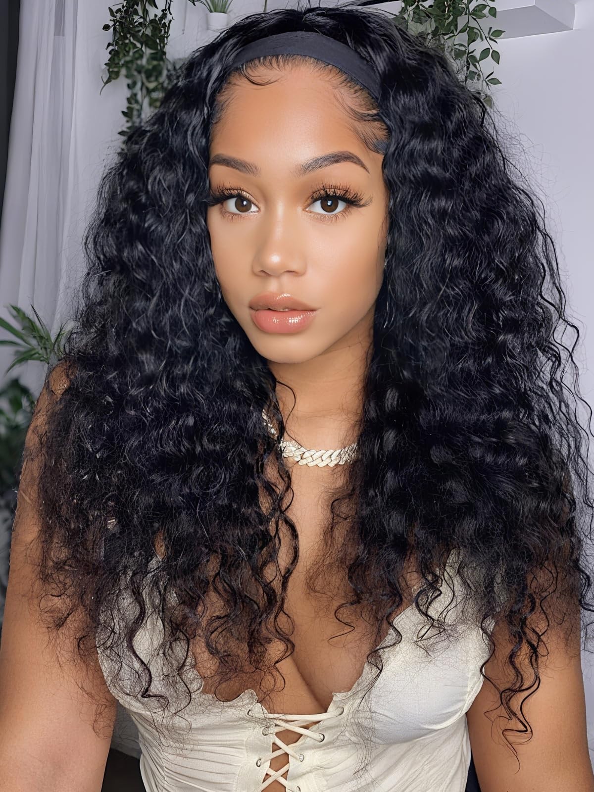 Water Wave Headband Wig – 18″ Human Hair, No-Slip Drawstring, 150% Density, Natu