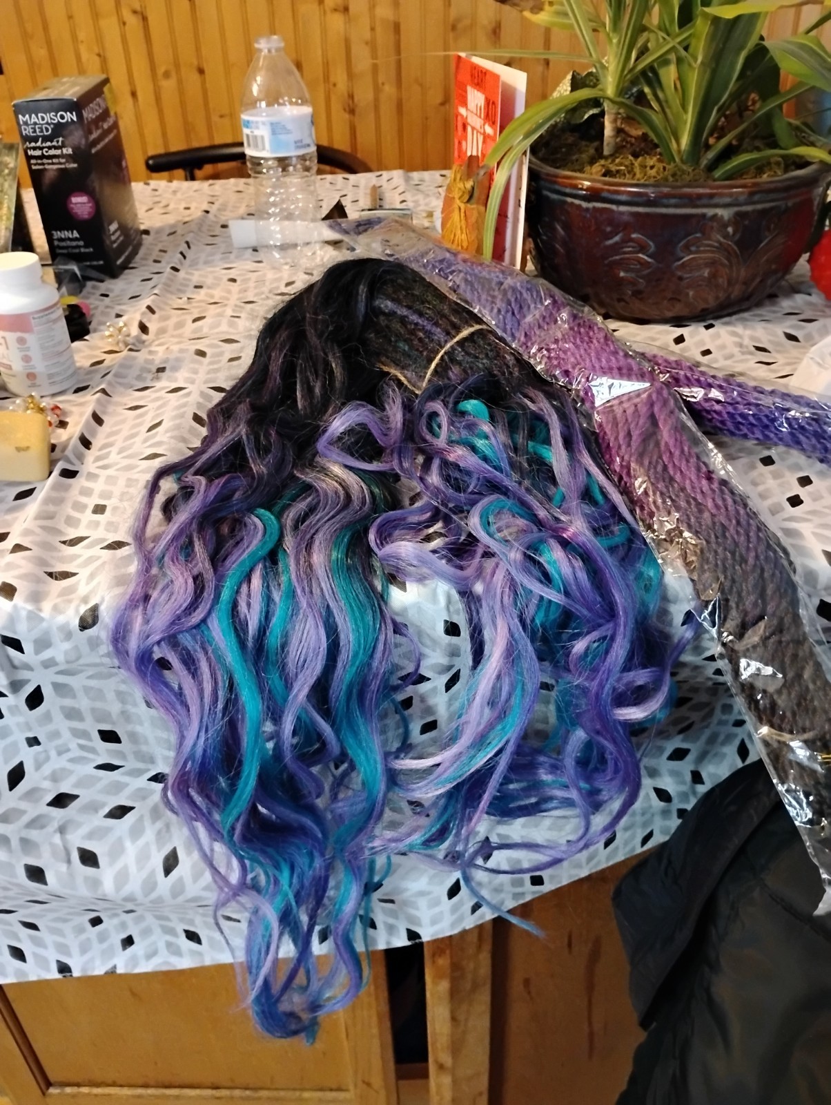 Multicolor Braided Synthetic Hair Extensions Purple Blue Black Wavy 24in