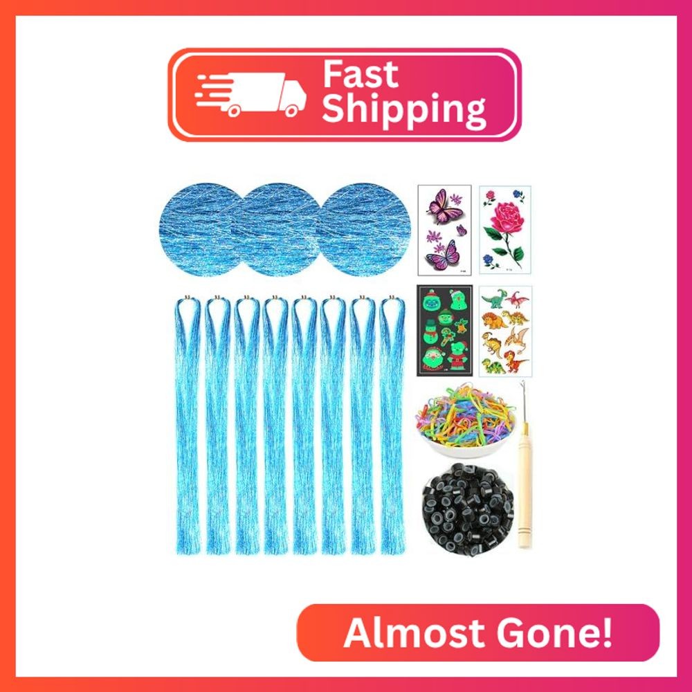 Hair Tinsel Kit with Tools 8pcs 1760 Strands Sky Blue Heat Resistant Tinsel Hair