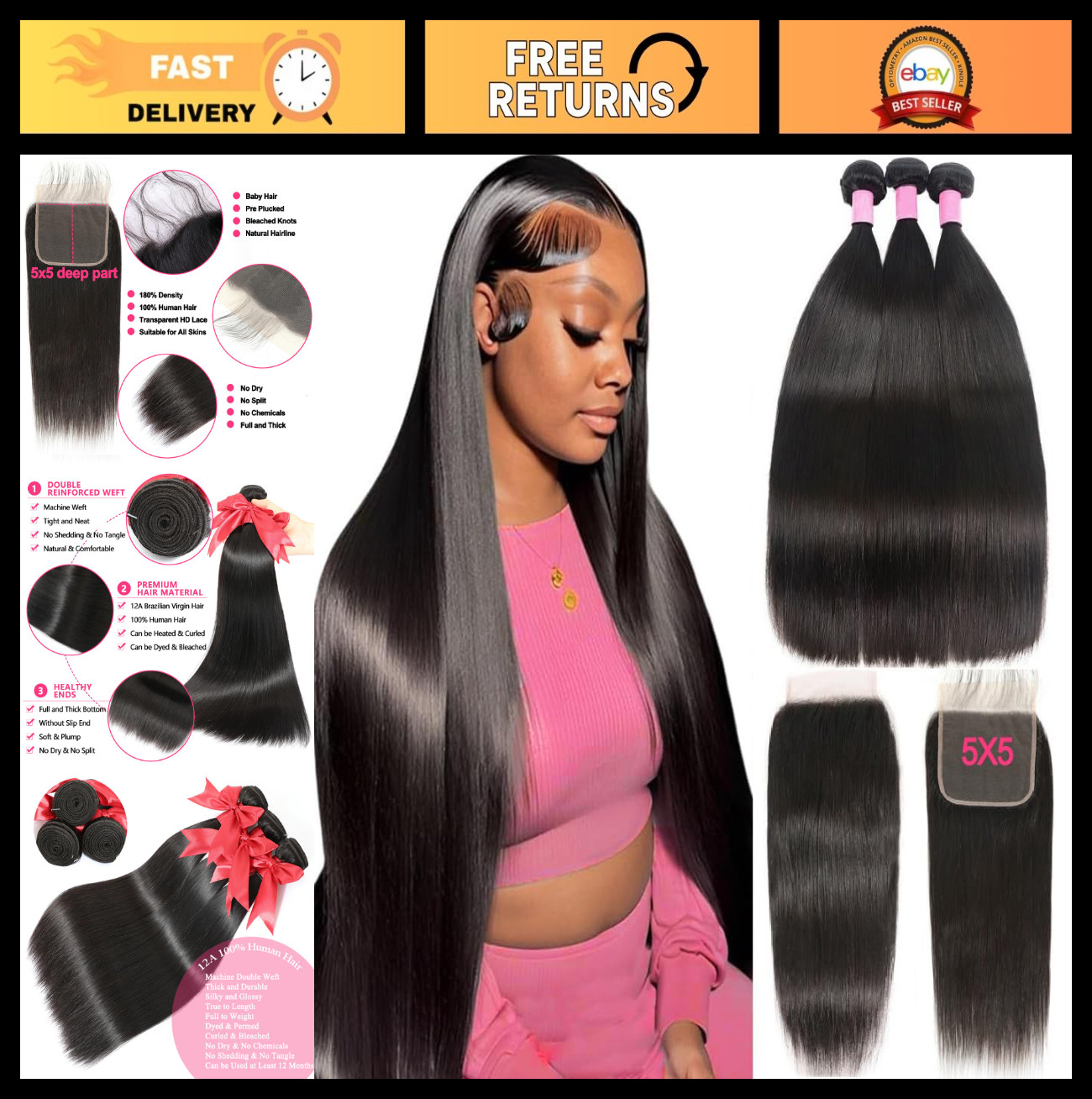 12A Brazilian Human Hair Bundles 18 20 22 + 16 Inch 5×5 HD Lace Closure – Unproc