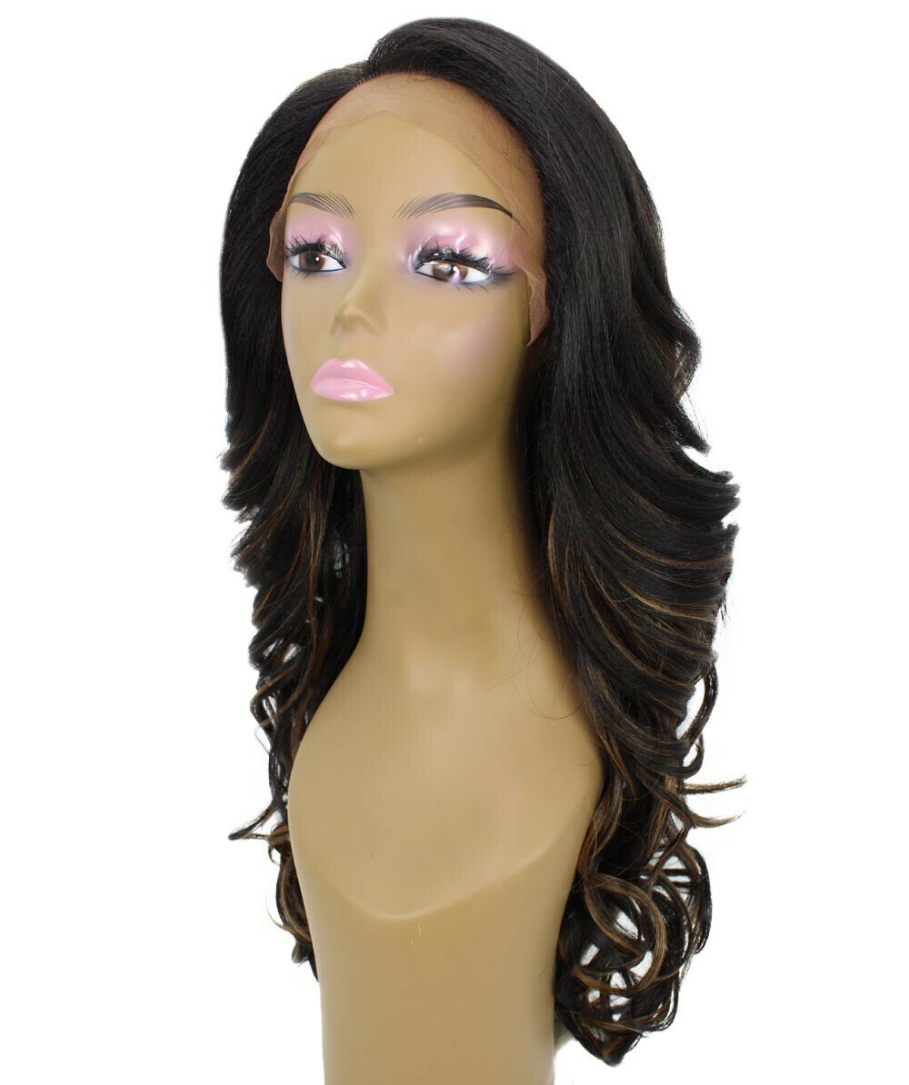 Kendra Wavy 24.5″ Long 13×2.5 Hand-Tied Lace Front,Black with Golden Highlights