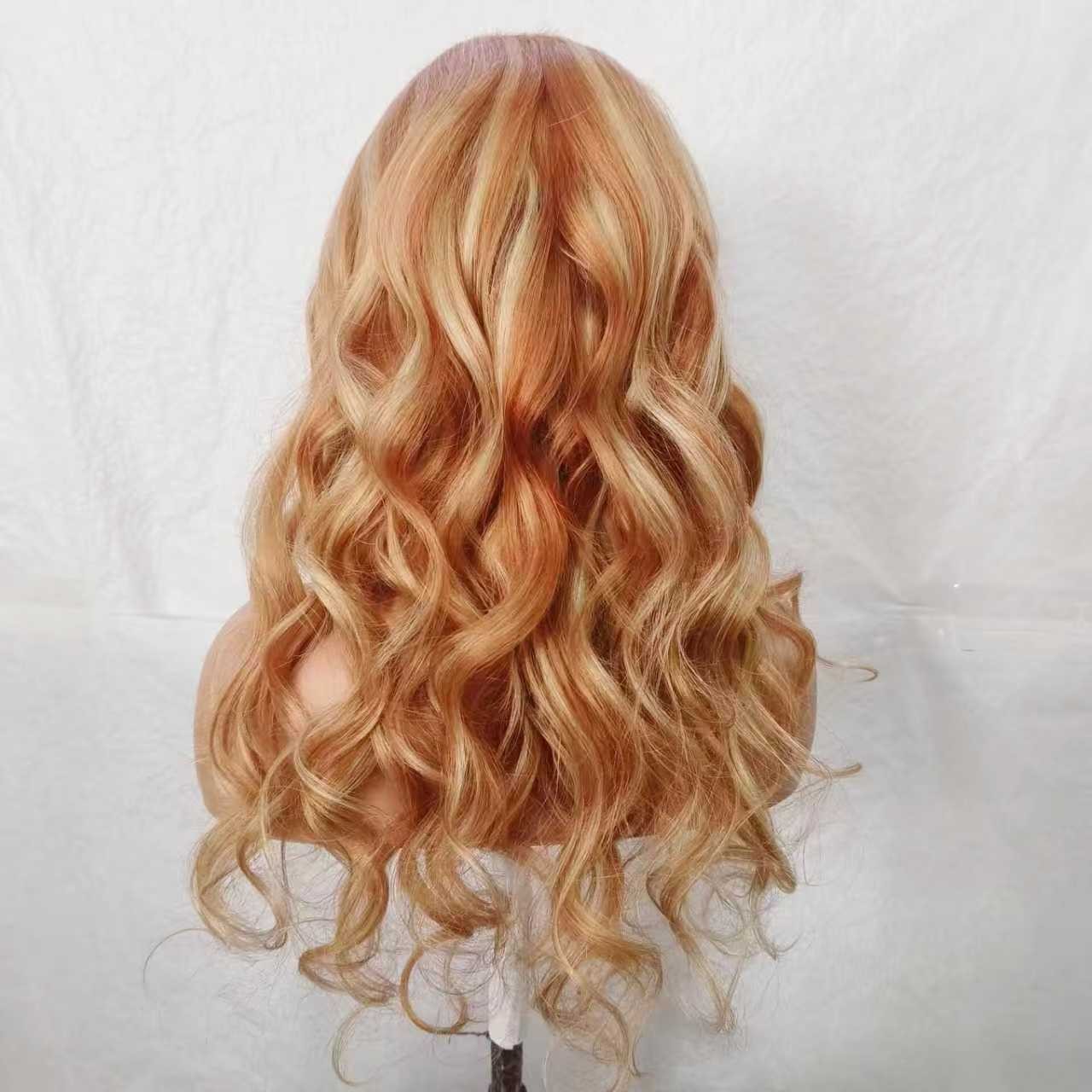 long wave orange with Blond Highlight Lace Front Wig 100% Human Hair Wigs 18″
