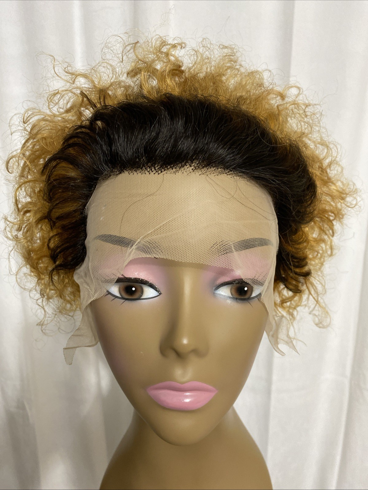 Lace Front Wig Honey Blonde Ombre Short Curly Human Hair Pixie Cut Bob 1B/27