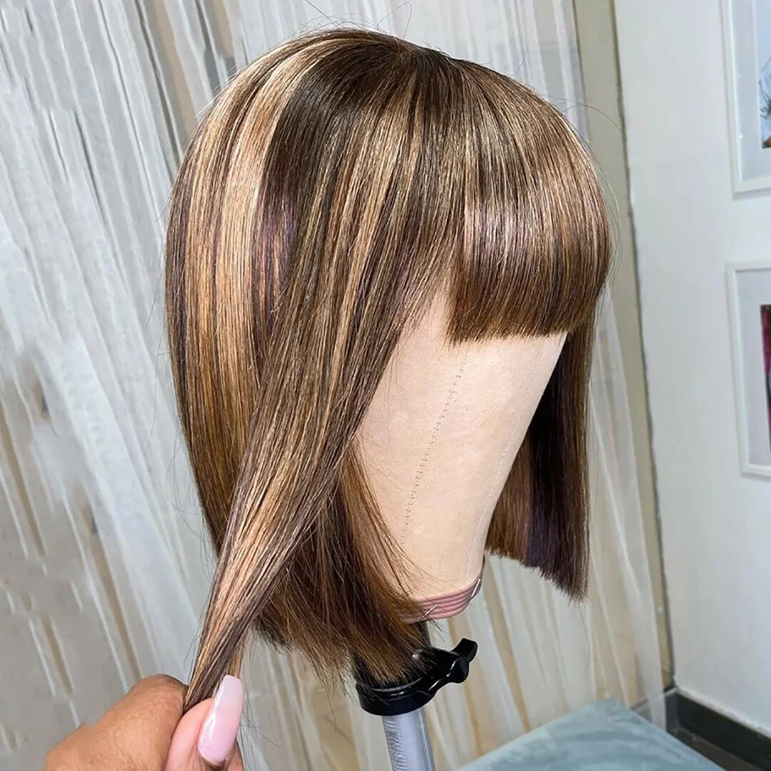 Bone Straight Full Machine Made Bob Wigs with Bangs Brazilian Hair Bob Wigs