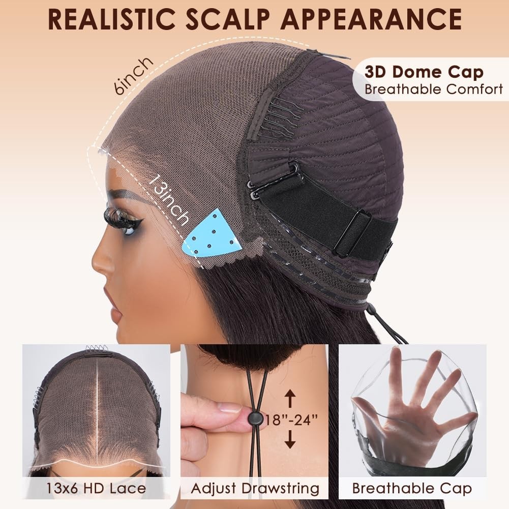 13×6 Straight Lace Front Wig Human Hair, Pre-Plucked, 200 Density, Glueless, Dra