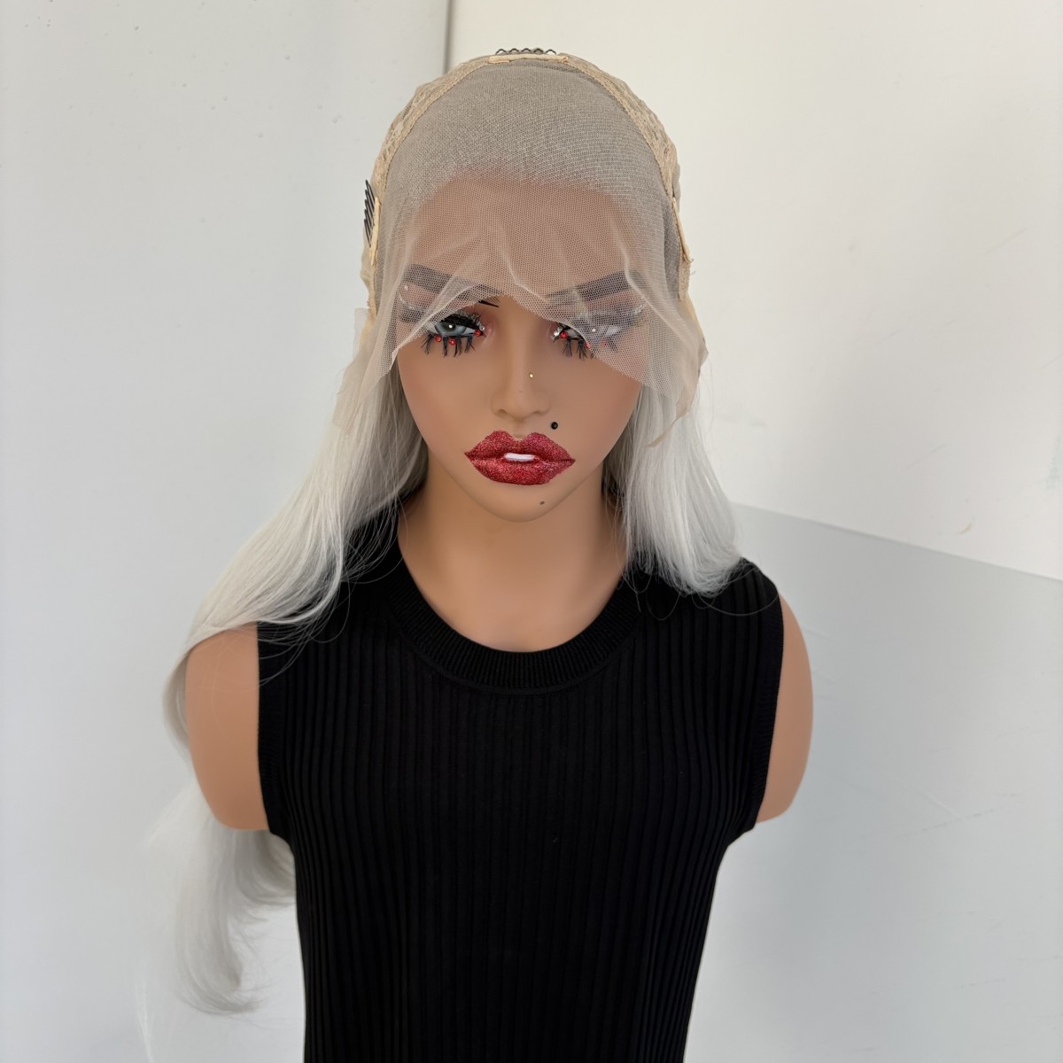 Heat Resistant Synthetic Hair Long Straight Lace Frontal Wig Silver Gray