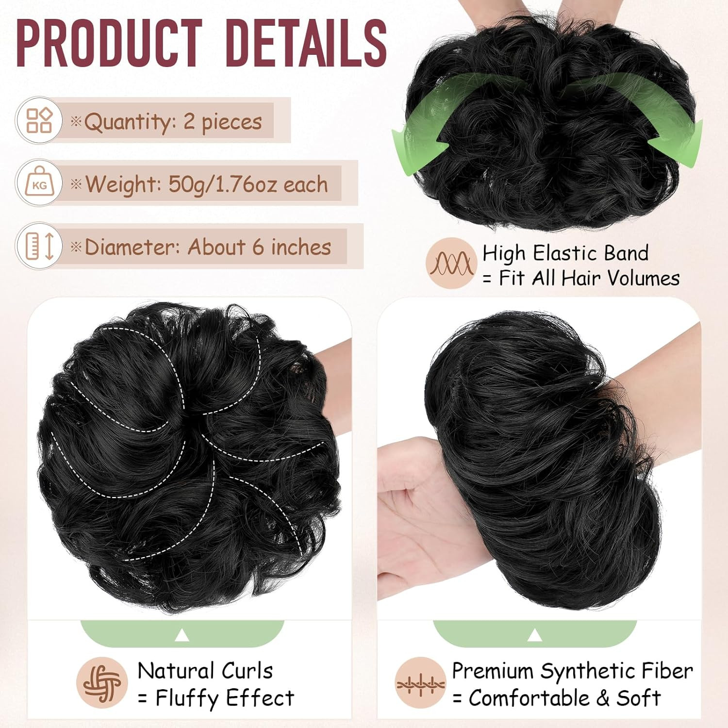 2 PCS Messy Bun Hair Piece Wavy Curly Scrunchies Synthetic Chignon Ponytail Hair