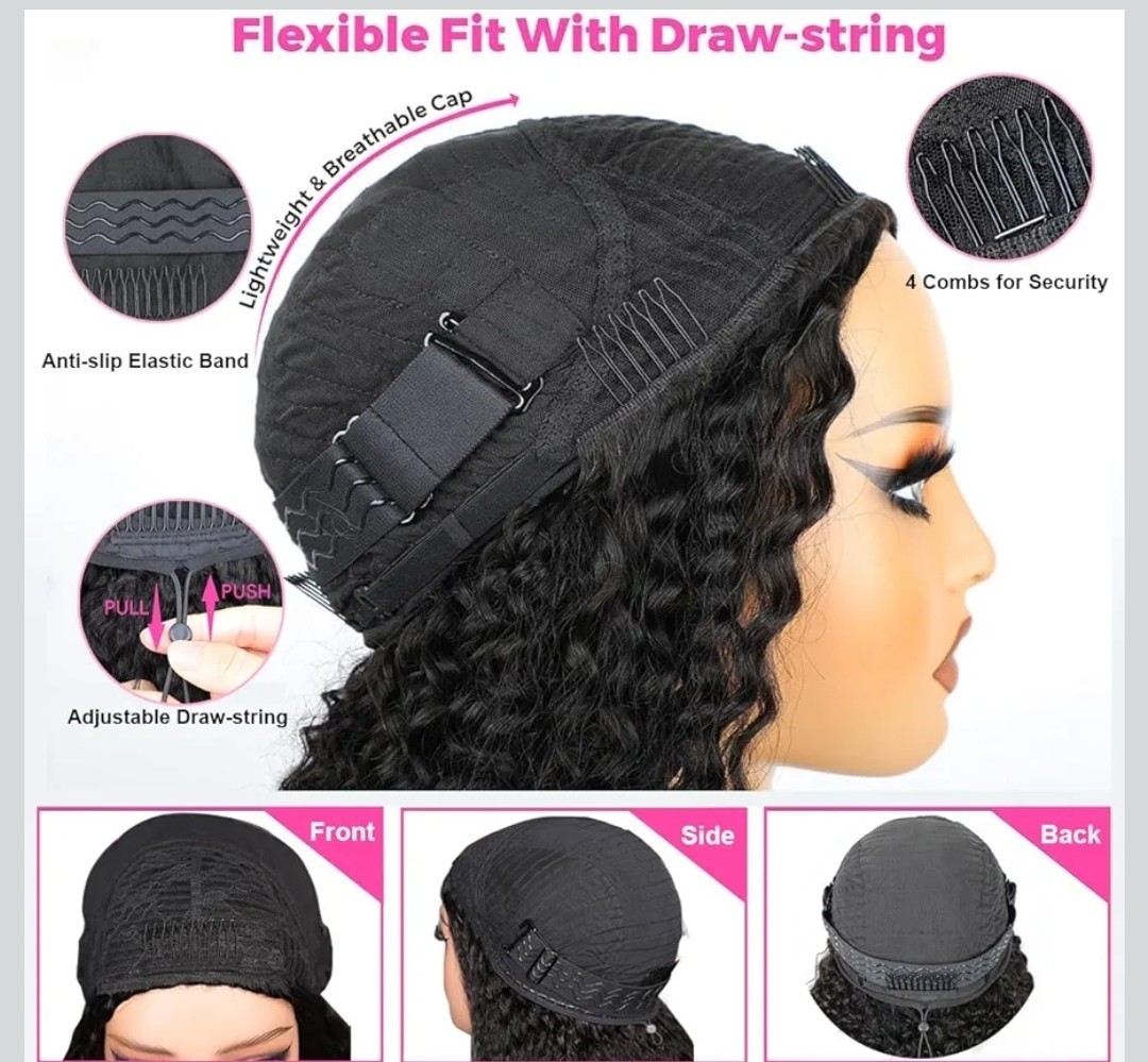 Human hair Water Wave Curly Half Wig 20in Adjustable Drawstring no glue Black