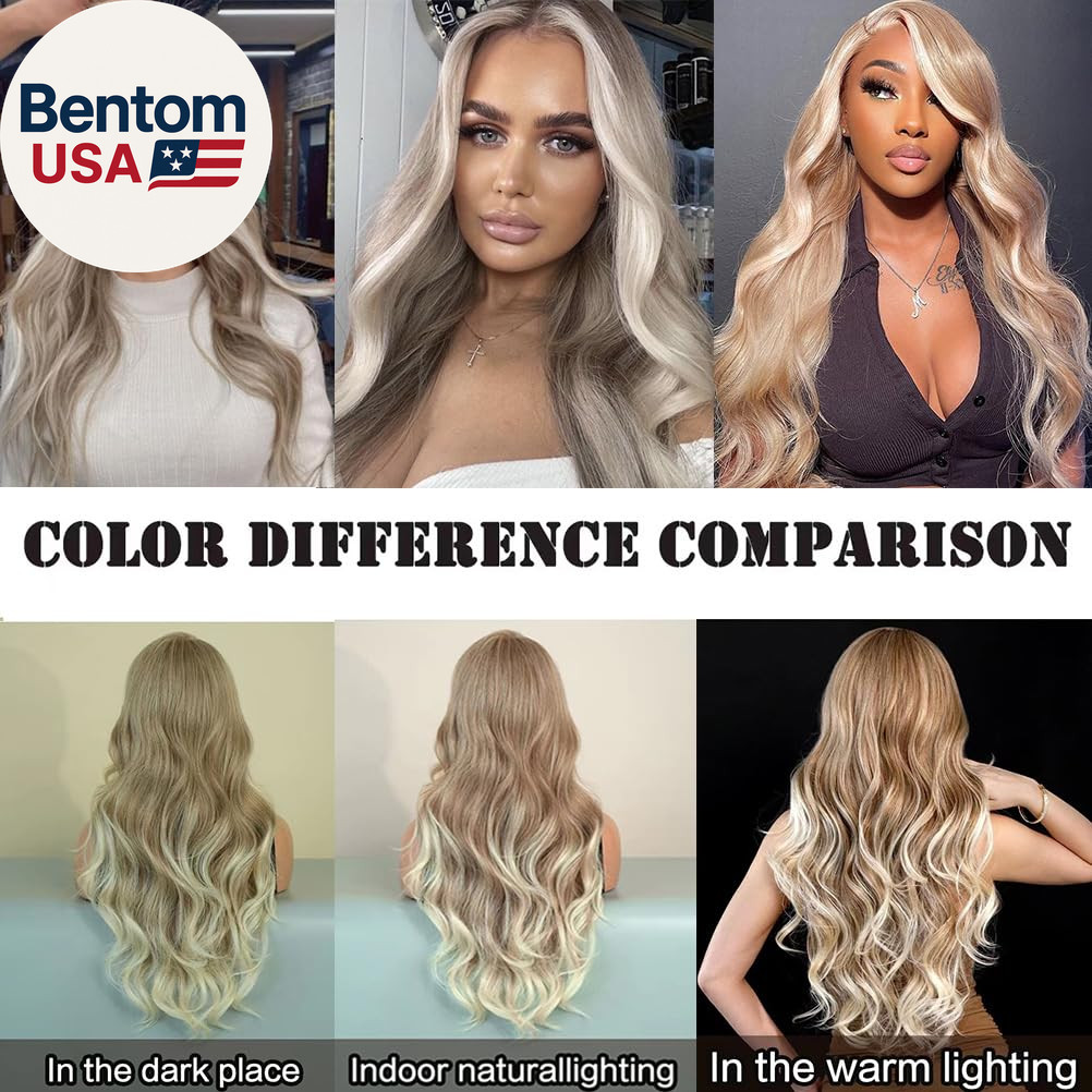 Beige Brown Ombre Platinum Blonde Long Wavy Synthetic Lace Front Wig Pre Plucked