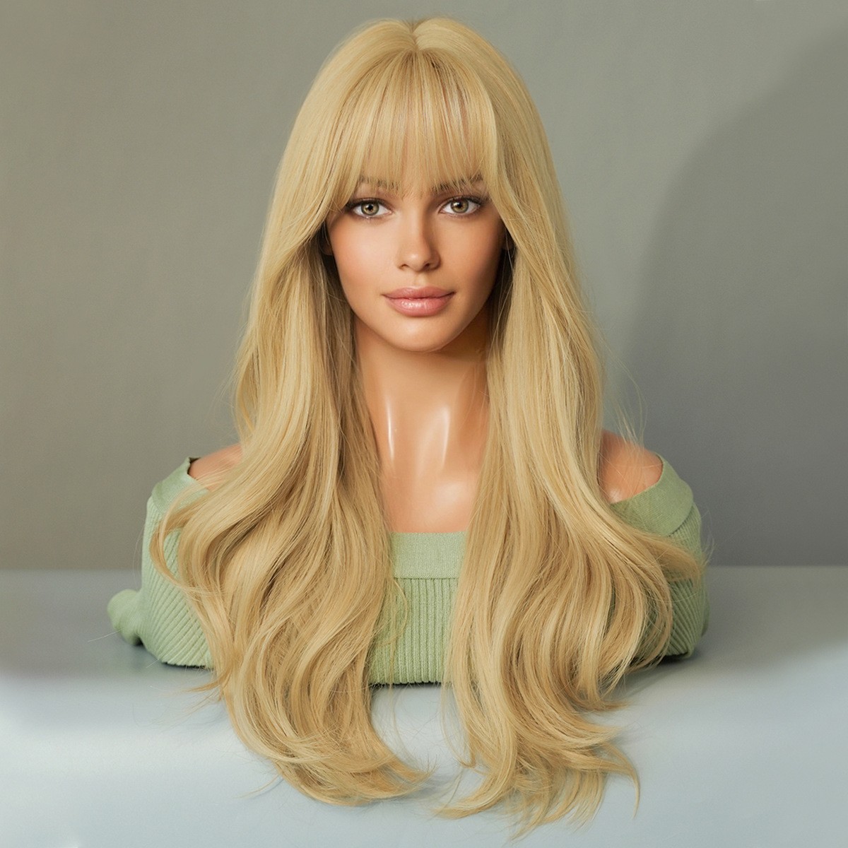 Long Curly Blonde Wig with Bangs for Cosplay Party Natural Synthetic Hair 22in
