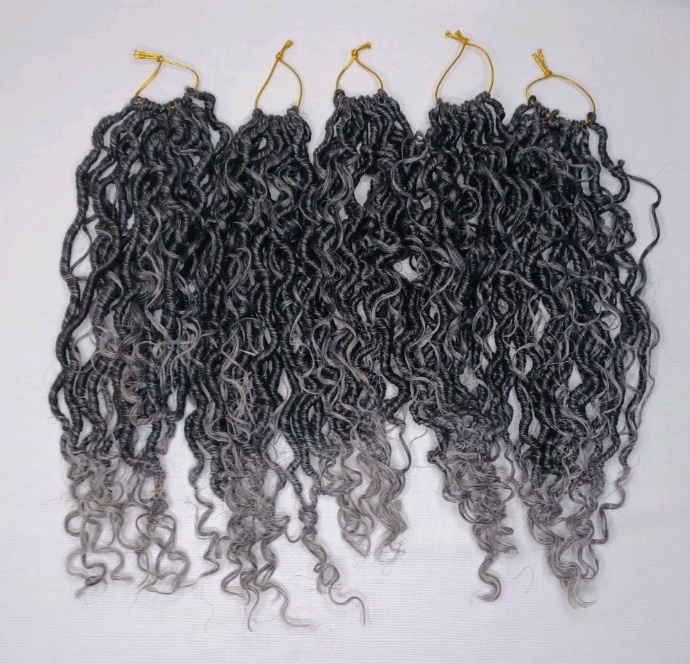 14 Inch Black & Grey Ombre Synthetic Hair Curly 5 Bundles 60 Strands Total