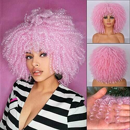 Short Hair Afro Kinky Curly Wig With Bangs For Black Women Synthetic Pink Curly