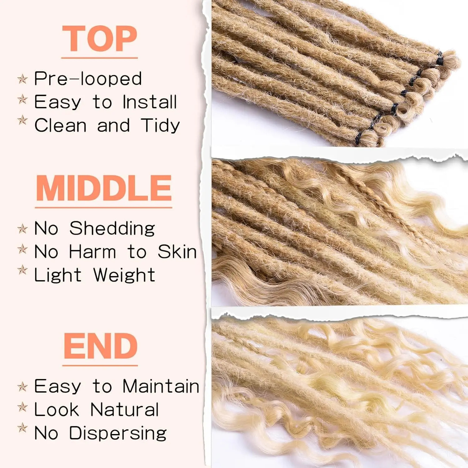 Single End Dreadlocs Braids Hair Extensions 3 In 1 Mixed Hippie Style for Women