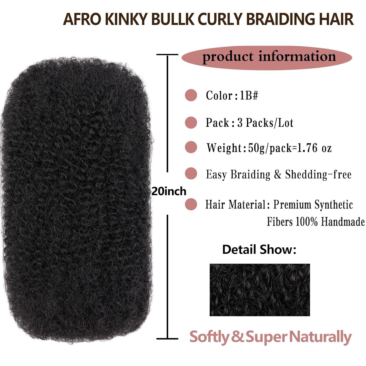 Xtrend 20 Inch 150g 3 Bundles Natural Black Afro Kinky Curly Braiding Bulk Hair