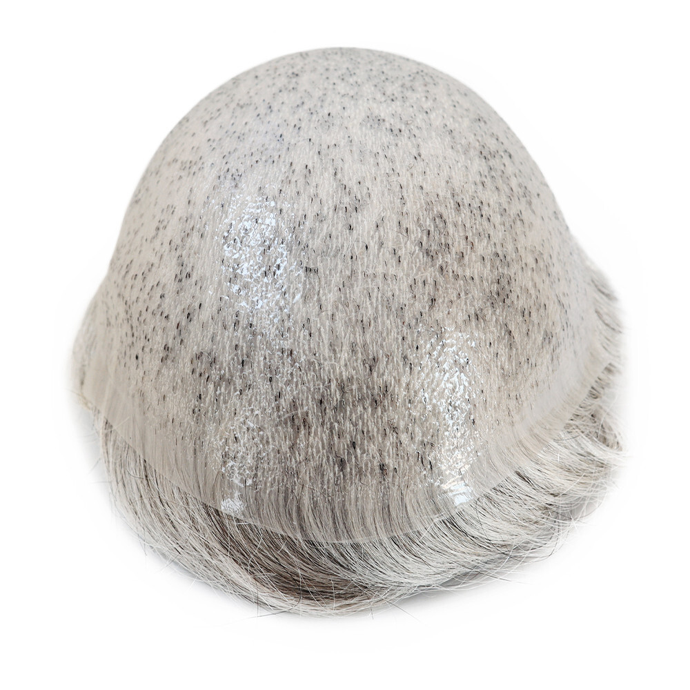 Mens Toupee Thin Skin Hair Replacement System Human Grey Hair BIO 8X10 #1B80