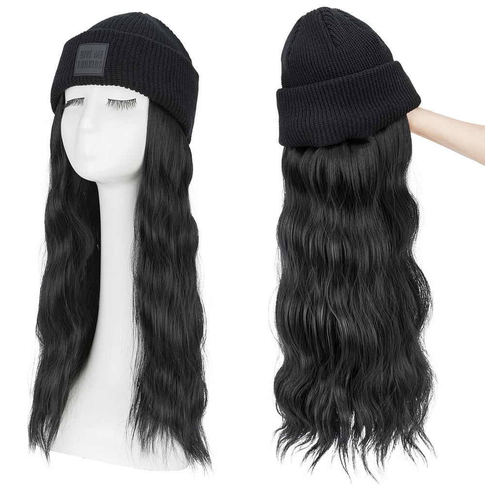 Beanie Wigs Hair With Knitted Hat Straight & Wave Hair Cap Wigs Wavy Long Hair