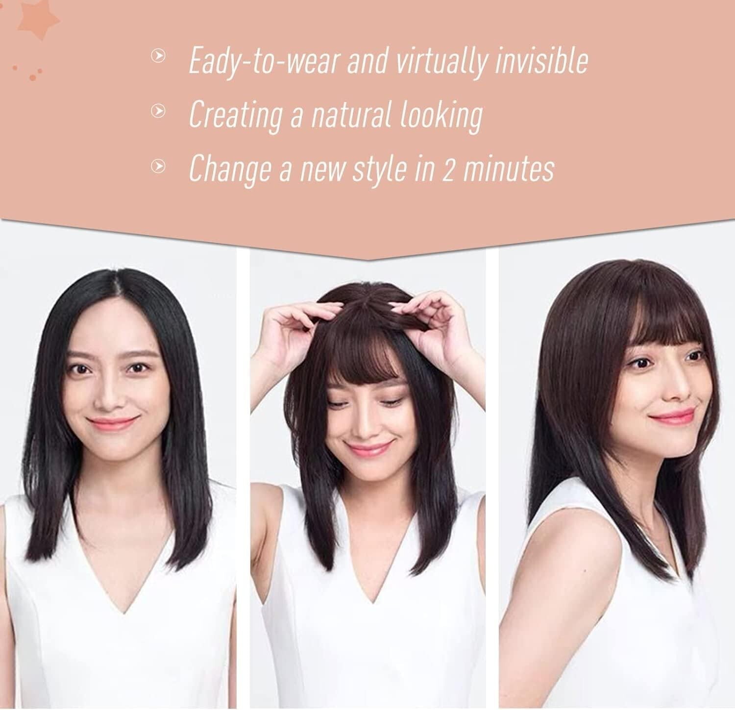 360° 10in Human Hair Topper w/ Bangs 3″x3.5″ Silk Base #1B Natural Black Wiglet