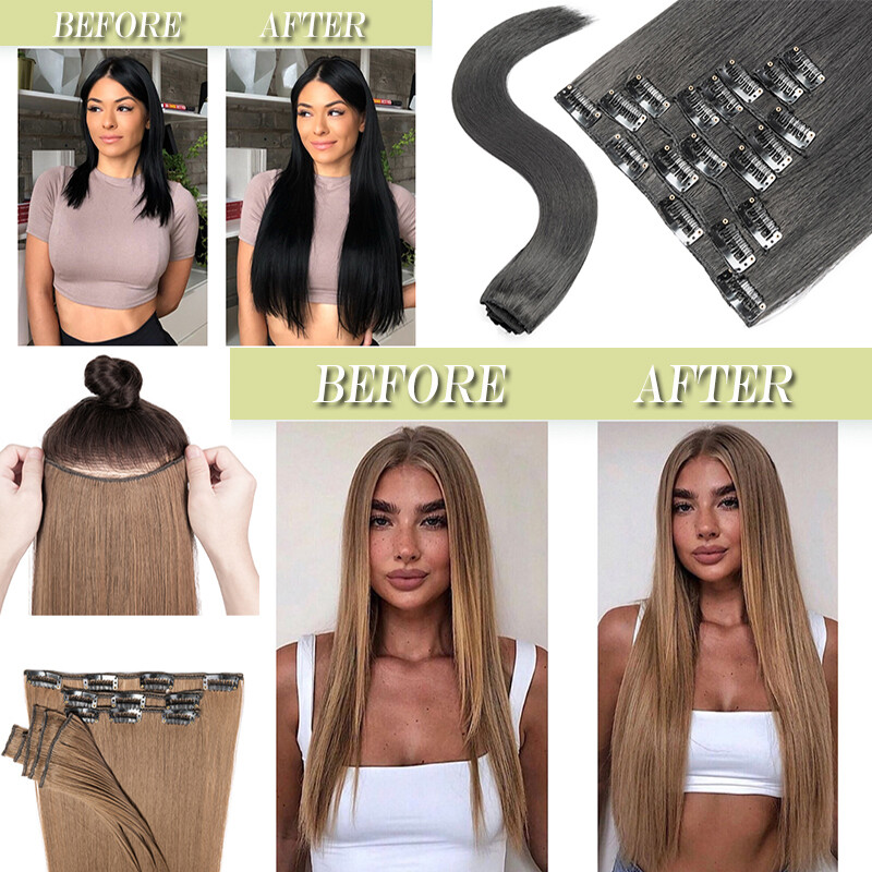 Thick 8 Pieces Full Head Clip in Hair Extensions Ombre 18Clips as Human Natural