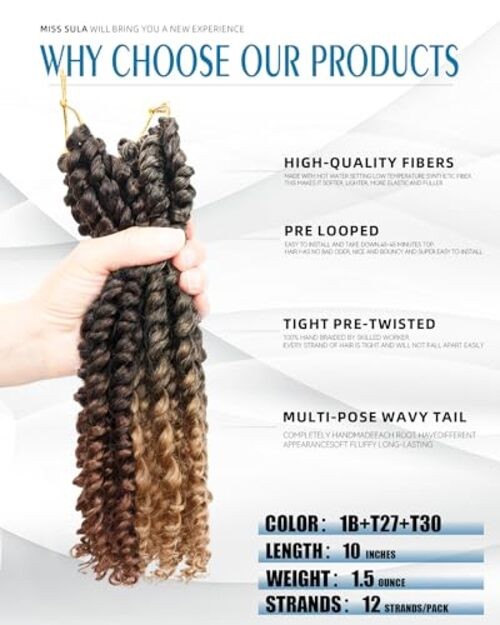Passion Twist Crochet Hair-Mixed Color Combo 10 Inch(Pack of 8 ) 1B+T27+T30
