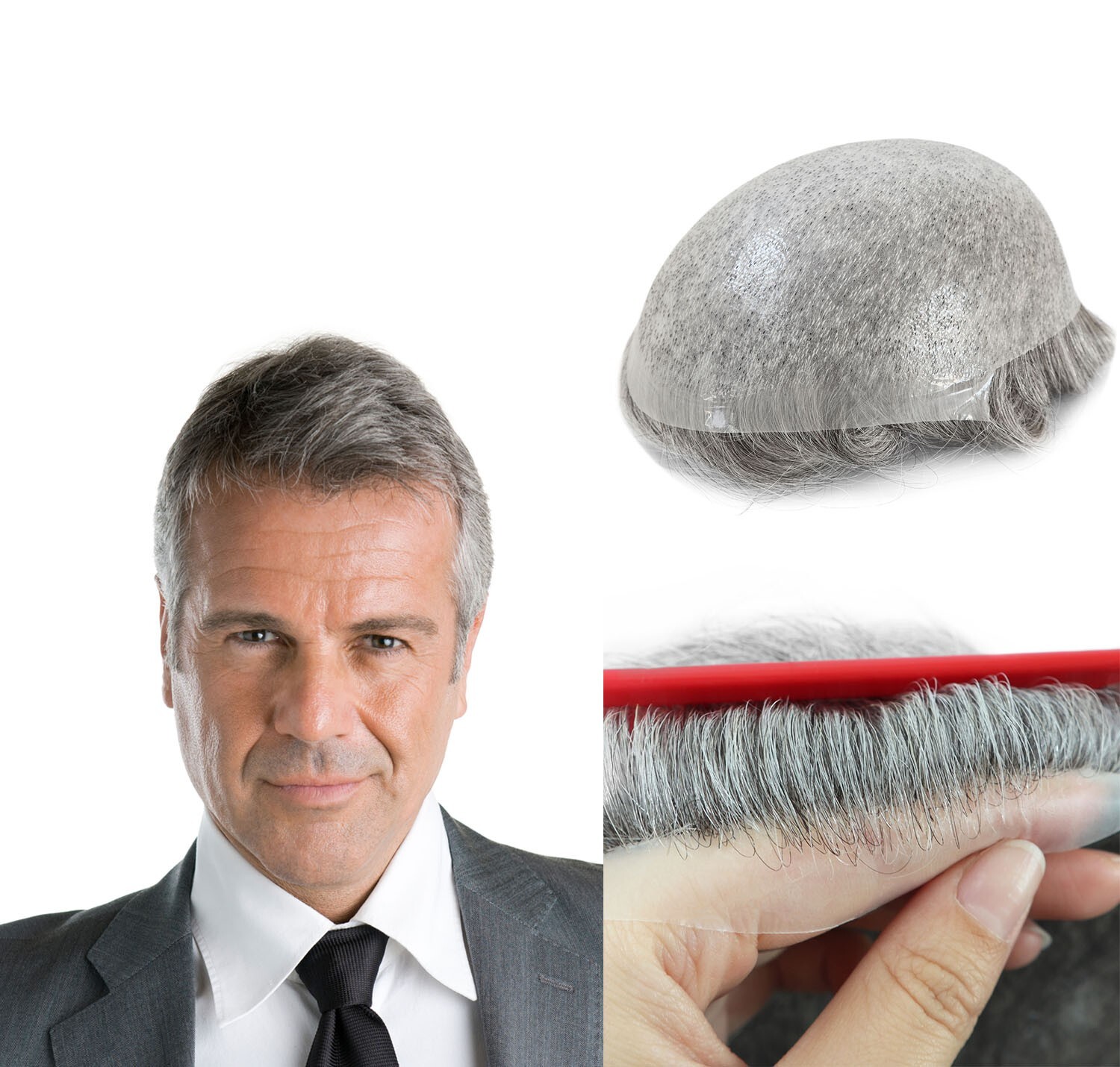 Mens Toupee Thin Skin Knotted Human Hair Replacement System Grey Hair Hairpiece