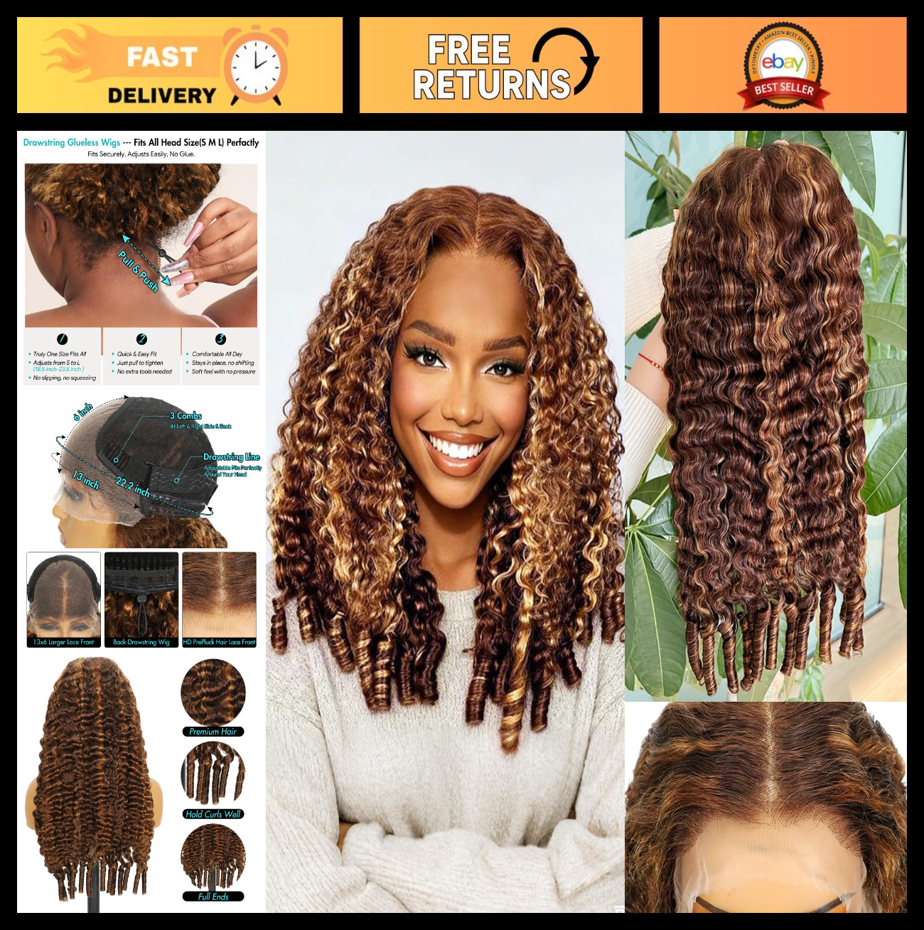 Honey Blonde Curly Drawstring Wig 22″ Human Hair 250 Density 13×6 Lace Front Omb