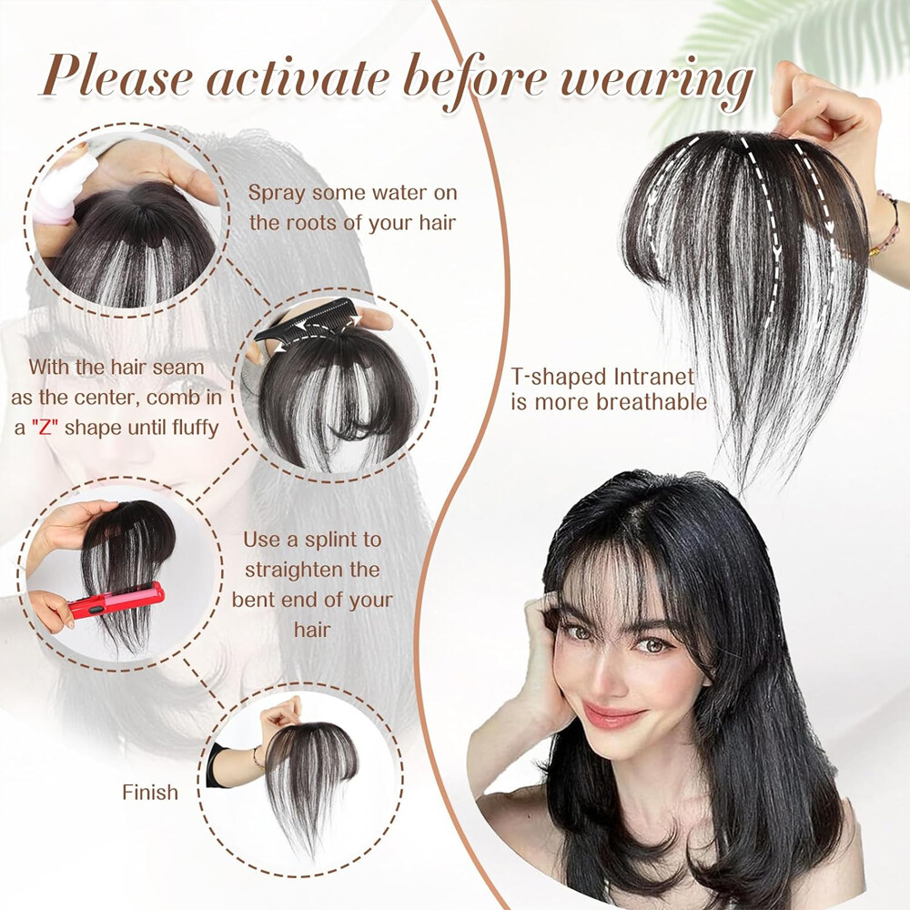 100% Real Human Clip in Hair Fringe 3D 360° Cover Air Bangs Lace Topper Toupee