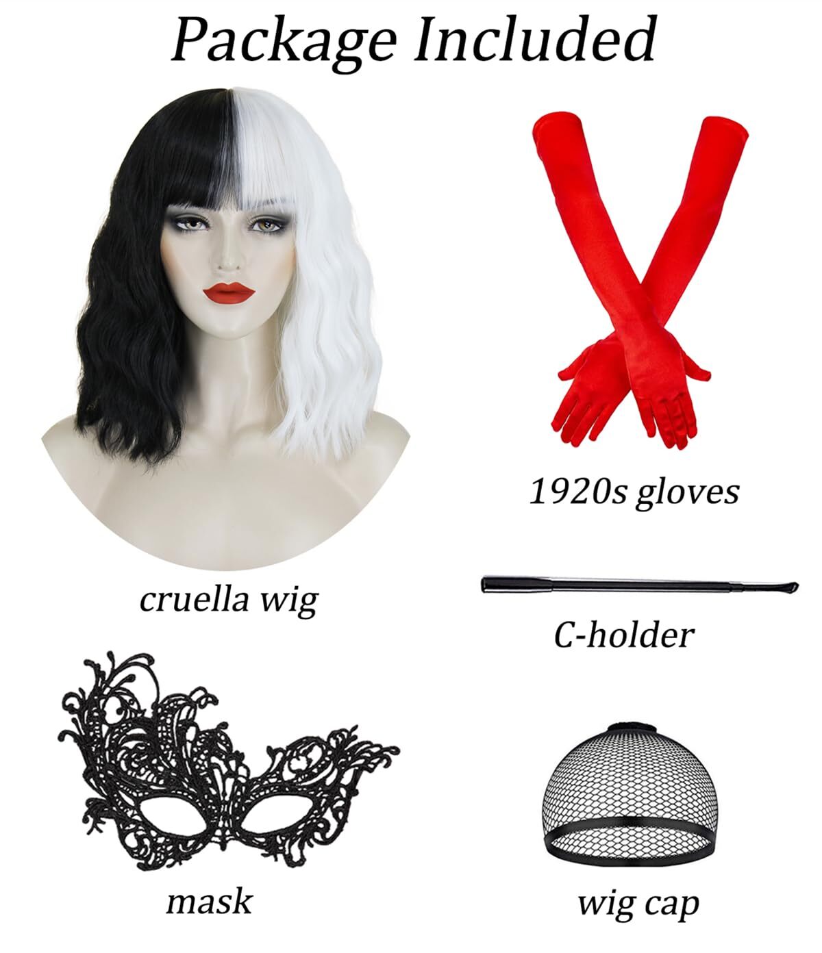 Cruella Deville Black and White Hair Wig w/bangs Costume w/Mask Gloves C-Rod