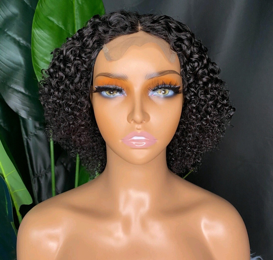 12A 8INCH RAW UNPROCESS PERUVIAN 4X4 SWISS LACE WIG KINKY CURLS 180% DENSITY 1B#