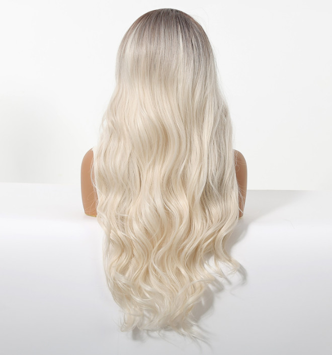 Long Wavy Rooted Pale Blonde Mix Lace Front Synthetic Hair Heat Ok Wigs