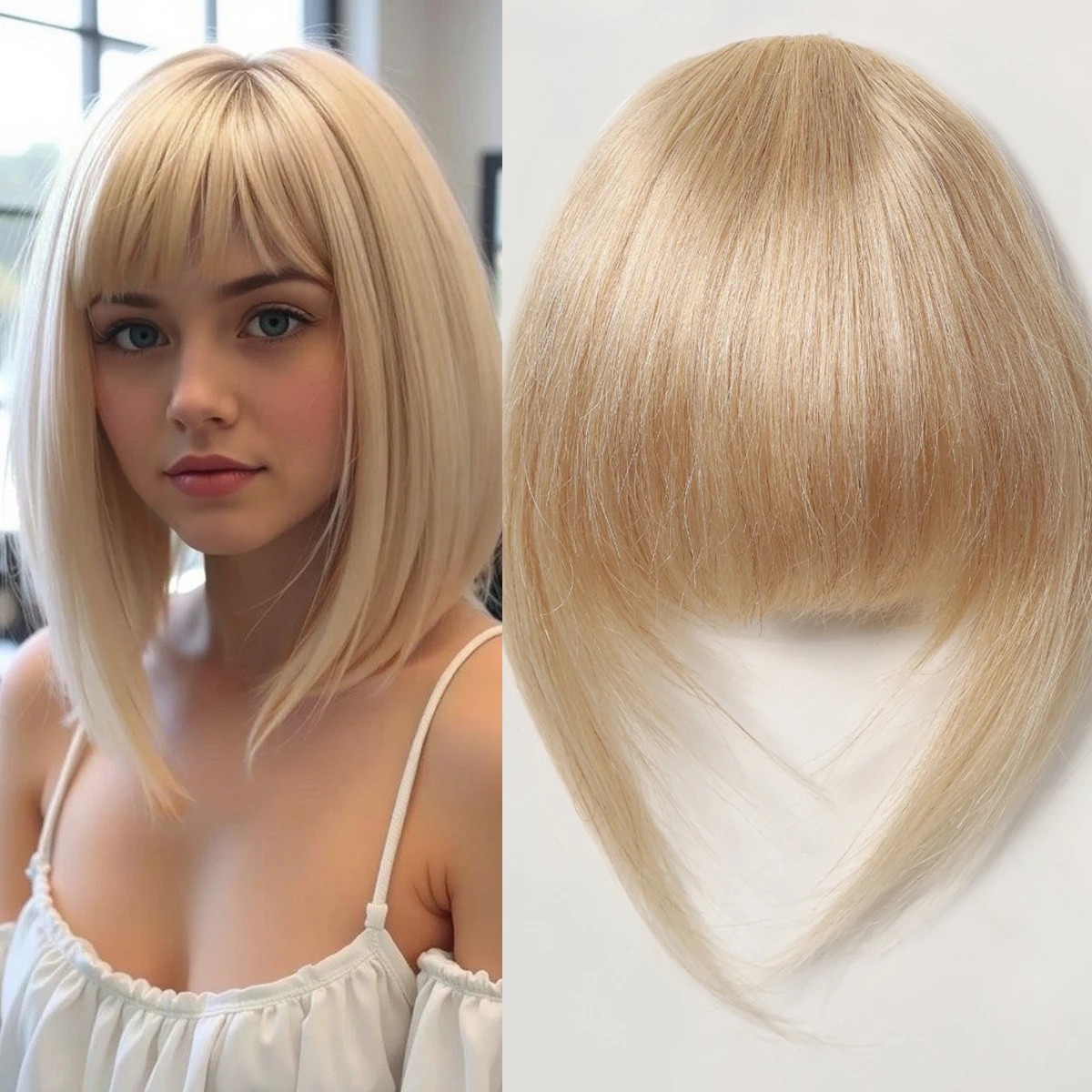 3 Inch Clip In Bangs 100% Human Hair Blonde French Fringe with Temples Thick